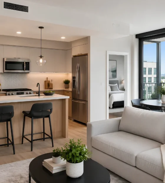 Apartment Cleanouts: a furnished apartment living room and kitchen with a city view