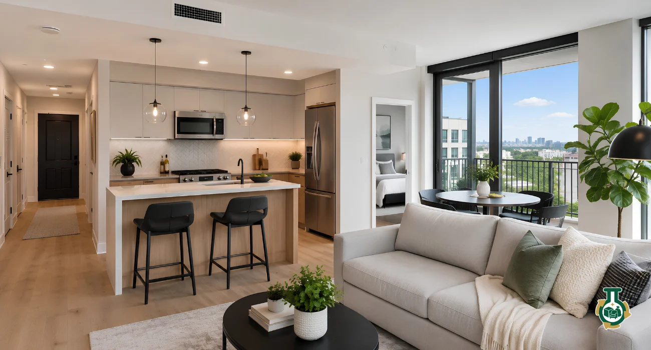 Apartment Cleanouts: a furnished apartment living room and kitchen with a city view