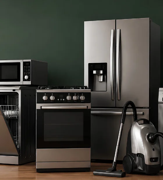 Appliance Removal: a refrigerator, oven, dishwasher, washer and vacuum lined up against a green wall