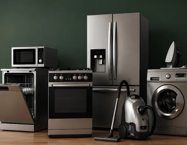 Appliance Removal: a refrigerator, oven, dishwasher, washer and vacuum lined up against a green wall