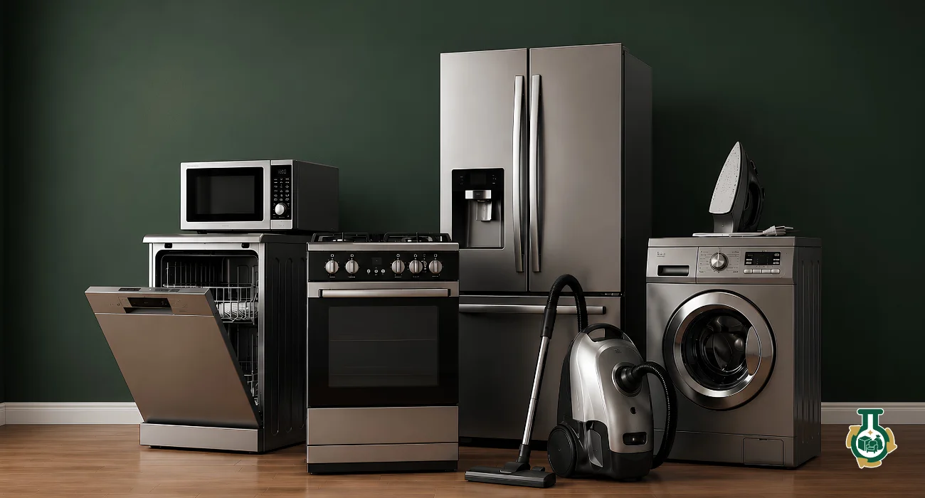 Appliance Removal: a refrigerator, oven, dishwasher, washer and vacuum lined up against a green wall