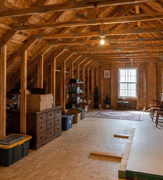 Attic Cleanouts: a timber-framed attic with storage boxes and old furniture along the floor