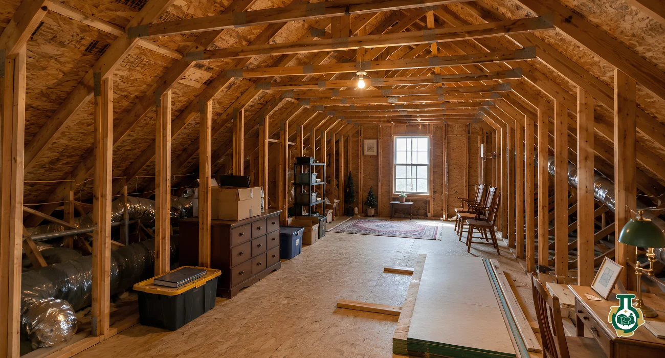 Attic Cleanouts: a timber-framed attic with storage boxes and old furniture along the floor