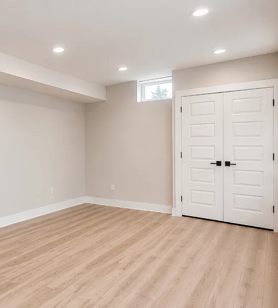 Basement Cleanouts: an empty finished basement with pale walls and wood-effect flooring