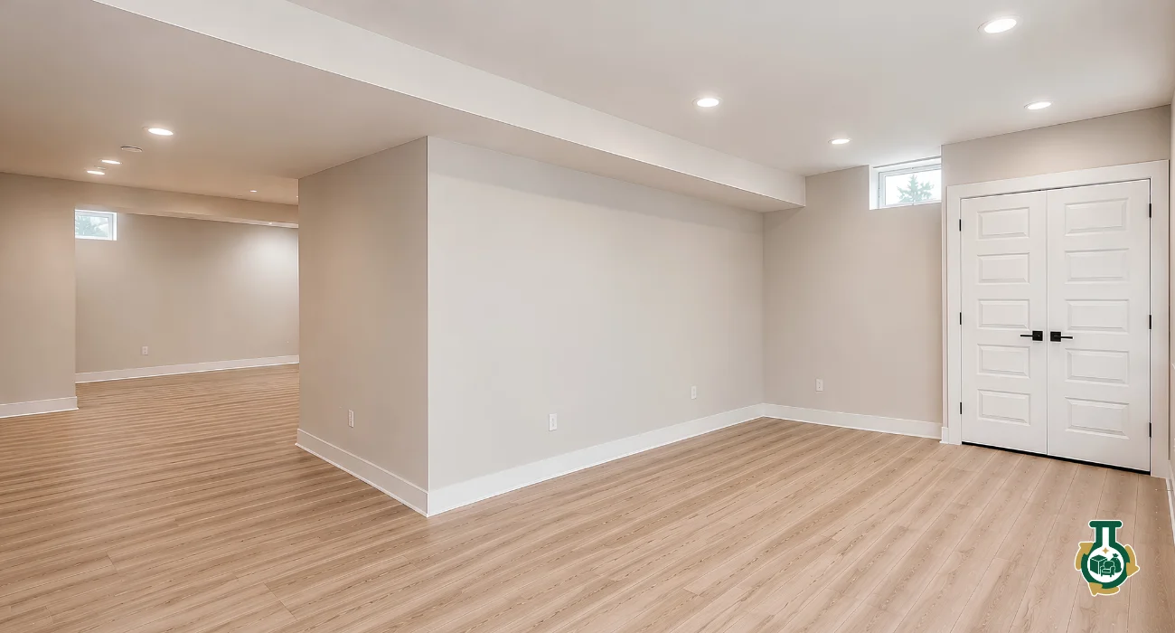 Basement Cleanouts: an empty finished basement with pale walls and wood-effect flooring