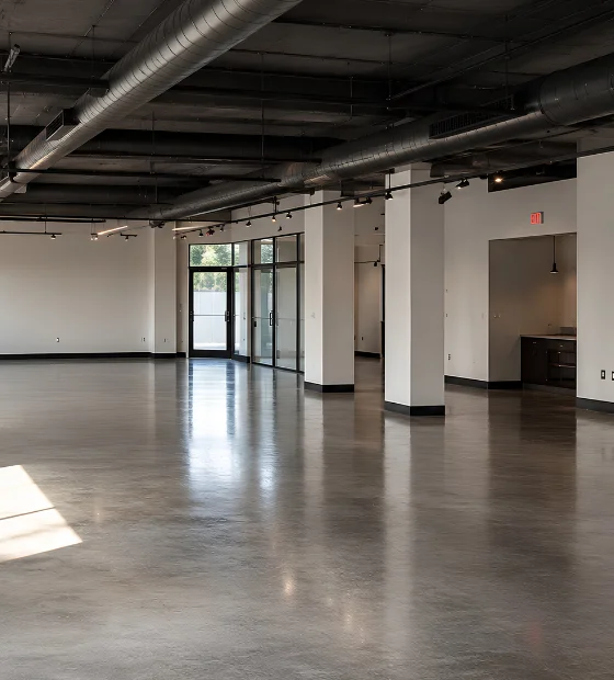 Commercial Junk Removal: an empty commercial floor with exposed ceiling services and polished concrete