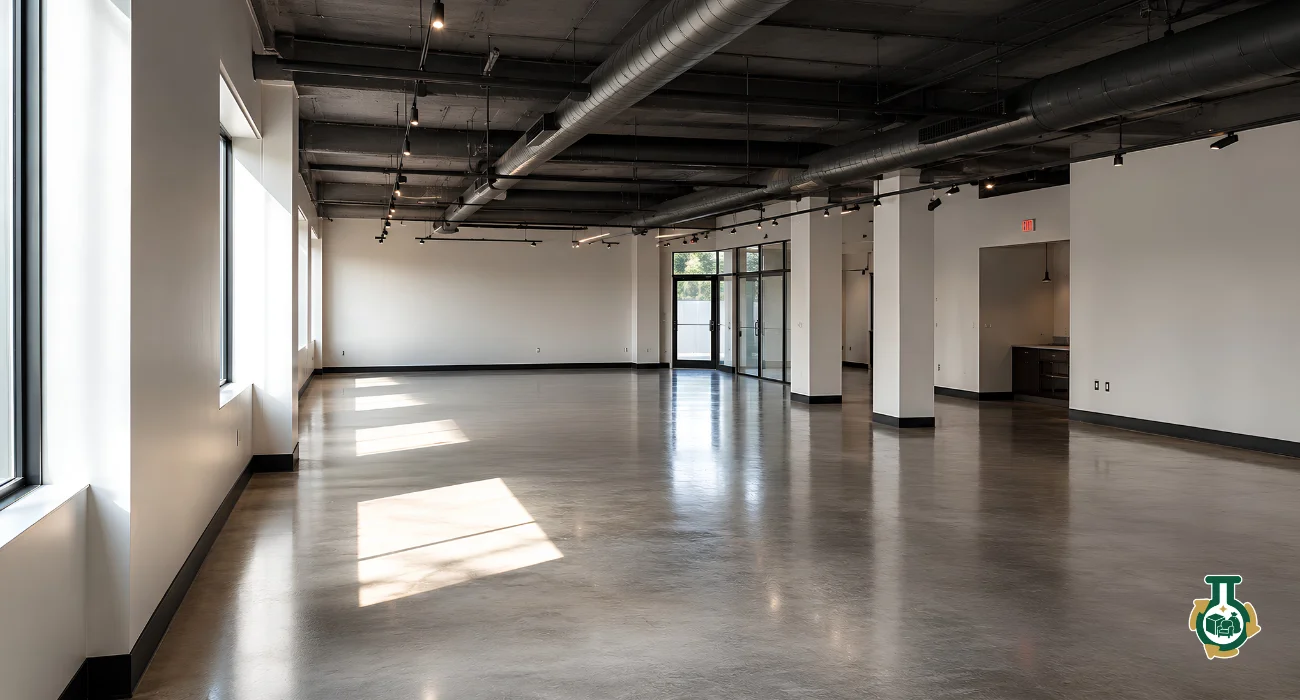 Commercial Junk Removal: an empty commercial floor with exposed ceiling services and polished concrete