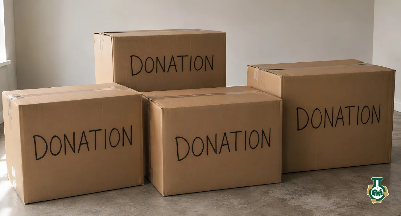 Donation Pickup: cardboard boxes marked DONATION stacked ready for collection