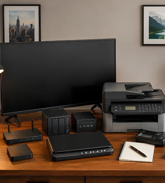 Electronics Removal: a desk with two monitors, a printer, phones and other office electronics