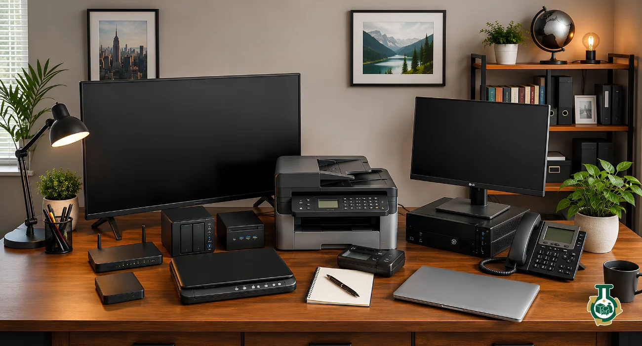 Electronics Removal: a desk with two monitors, a printer, phones and other office electronics
