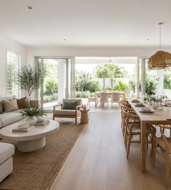 Estate Cleanouts: a furnished open-plan living and dining room with garden doors