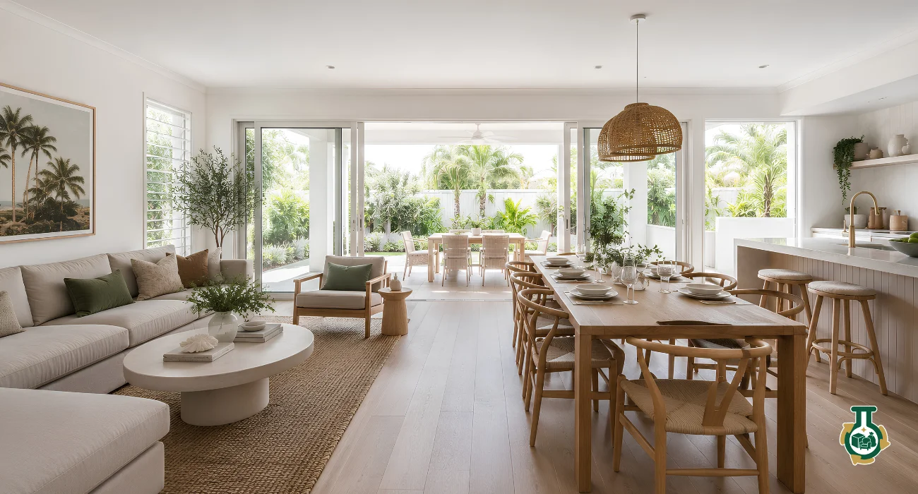 Estate Cleanouts: a furnished open-plan living and dining room with garden doors