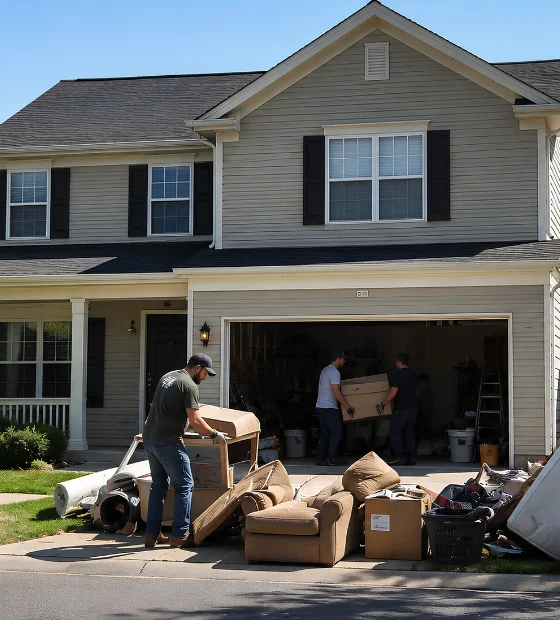 Eviction Cleanouts: furniture and bagged belongings piled on a driveway outside a house