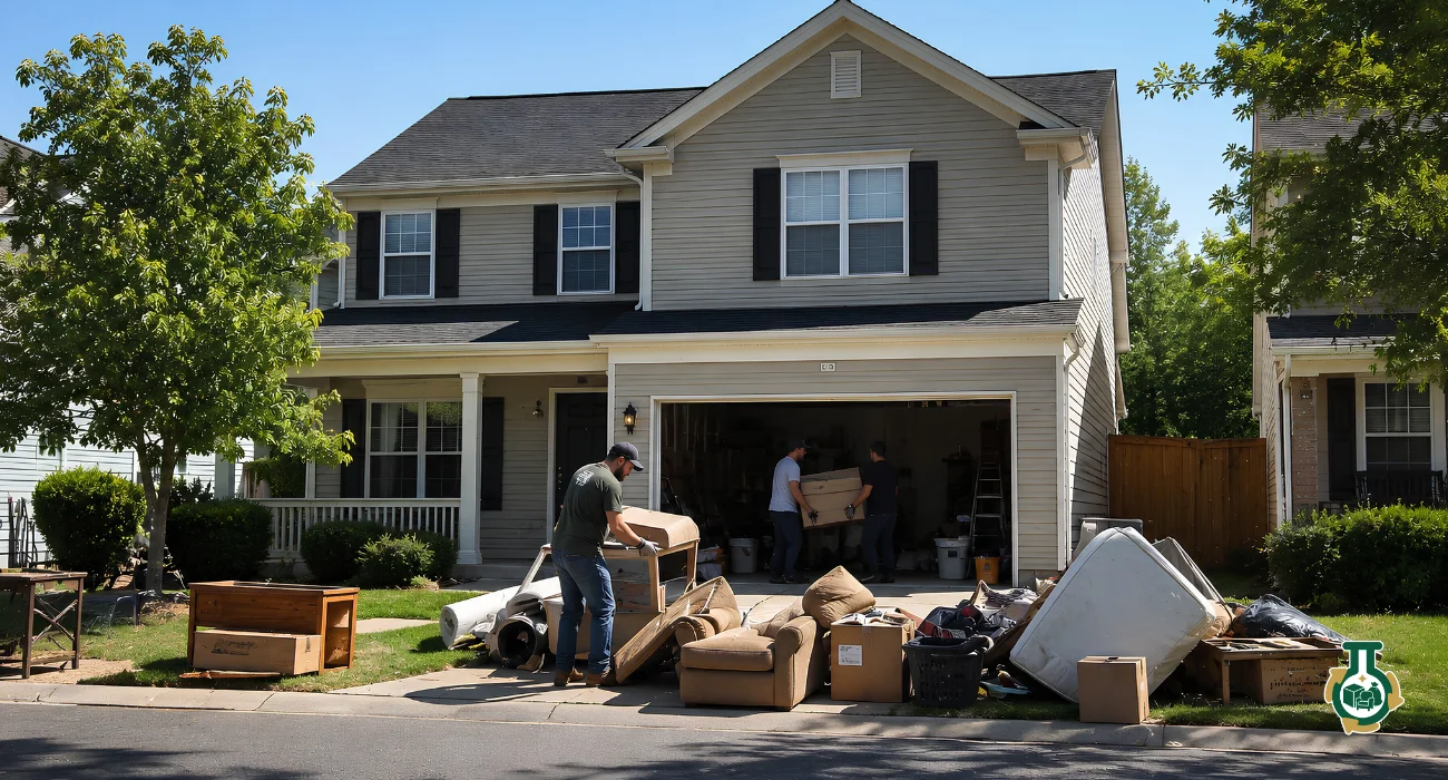 Eviction Cleanouts: furniture and bagged belongings piled on a driveway outside a house