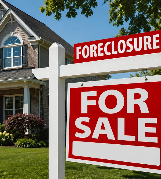 Foreclosure Cleanouts: a foreclosure notice and for sale sign in front of a suburban house