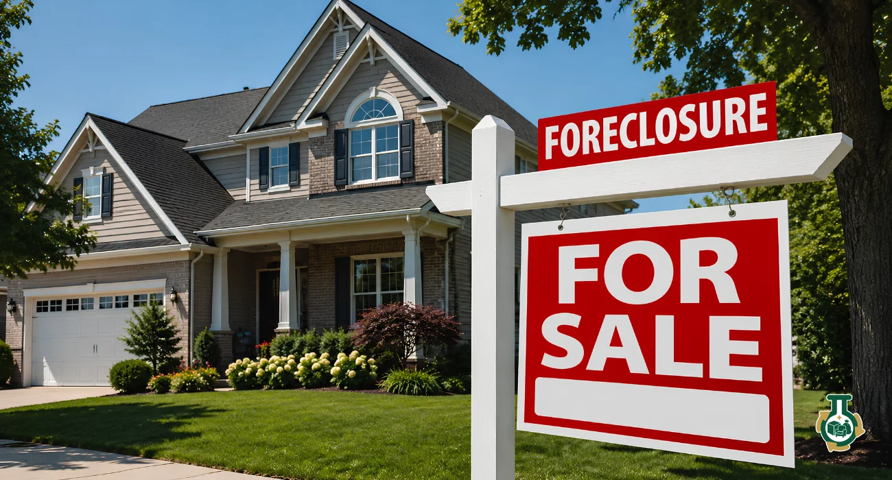 Foreclosure Cleanouts: a foreclosure notice and for sale sign in front of a suburban house