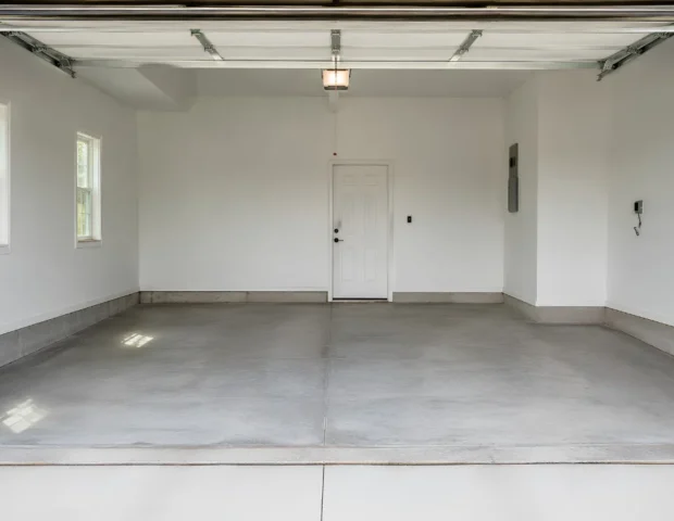 Garage Cleanouts: an empty two-car garage with a swept concrete floor