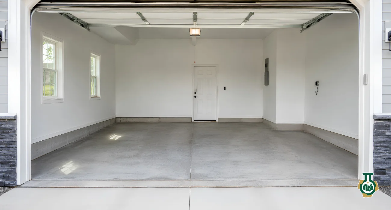 Garage Cleanouts: an empty two-car garage with a swept concrete floor