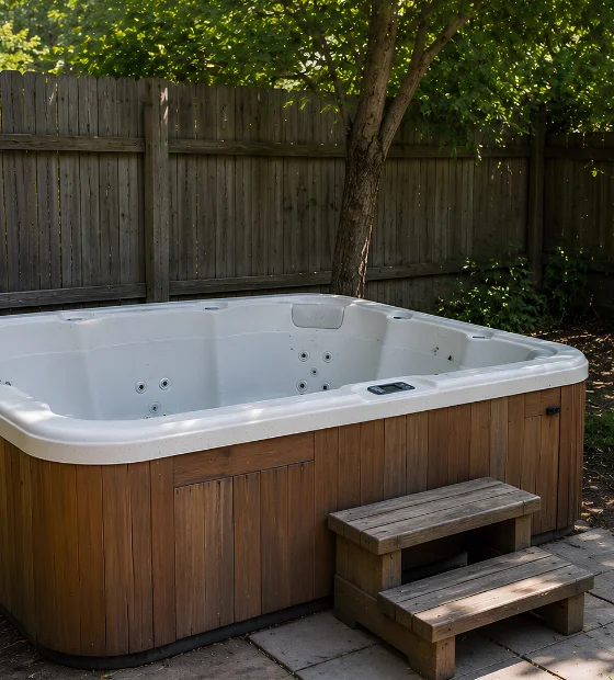 Hot Tub Removal: a hot tub on a patio in a fenced back yard