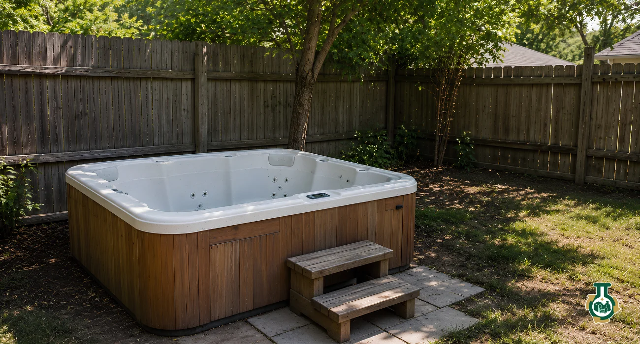 Hot Tub Removal: a hot tub on a patio in a fenced back yard