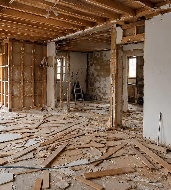 Light Construction Debris: a room mid-renovation with torn-out drywall and lumber across the floor