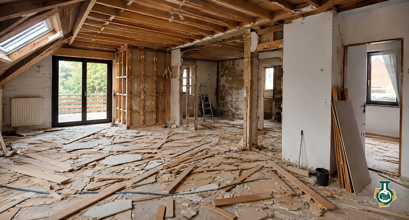 Light Construction Debris: a room mid-renovation with torn-out drywall and lumber across the floor