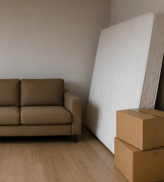 Move-Out Cleanouts: a sofa, mattress and packing boxes left in an empty room