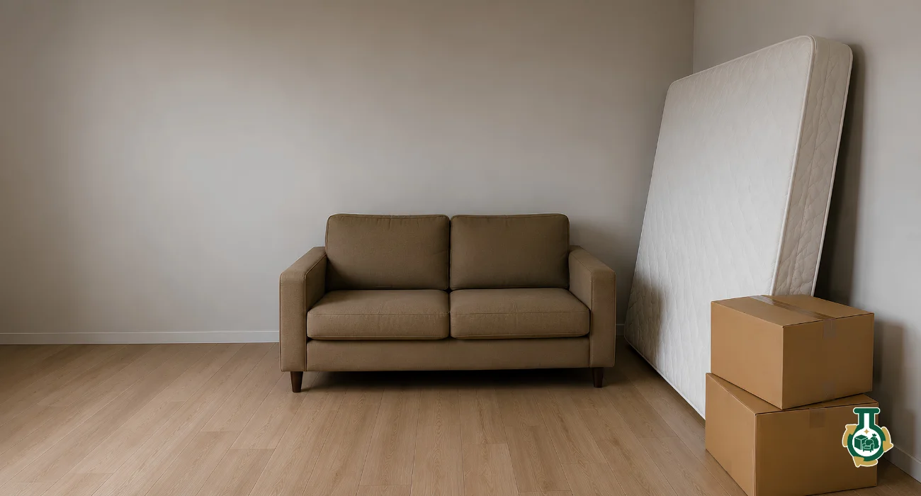 Move-Out Cleanouts: a sofa, mattress and packing boxes left in an empty room