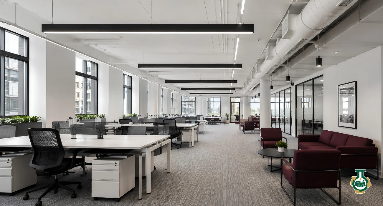 Office Cleanouts: an open-plan office floor with desks, chairs and partitions