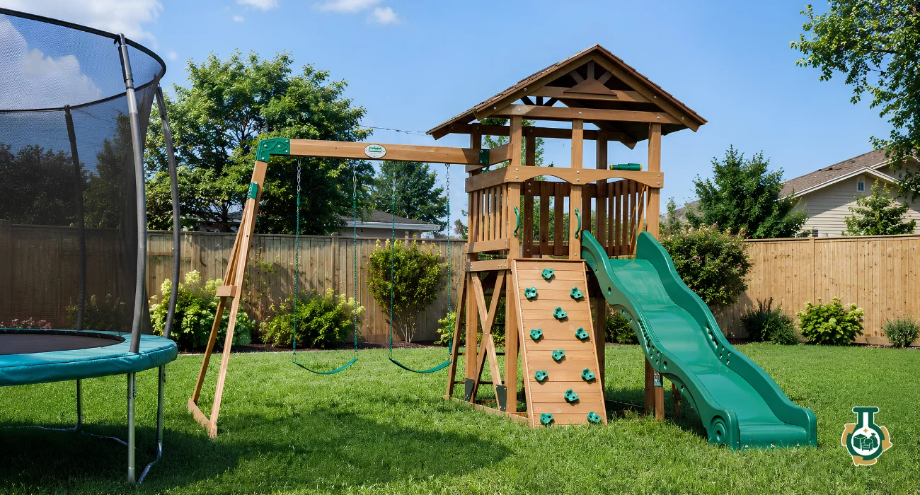 Playset & Trampoline Removal: a wooden playset with a slide and a trampoline in a back yard
