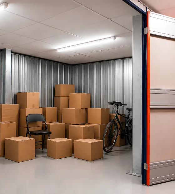 Storage Unit Cleanouts: a storage unit stacked with cardboard boxes and a bicycle