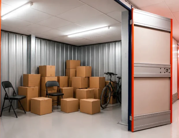 Storage Unit Cleanouts: a storage unit stacked with cardboard boxes and a bicycle