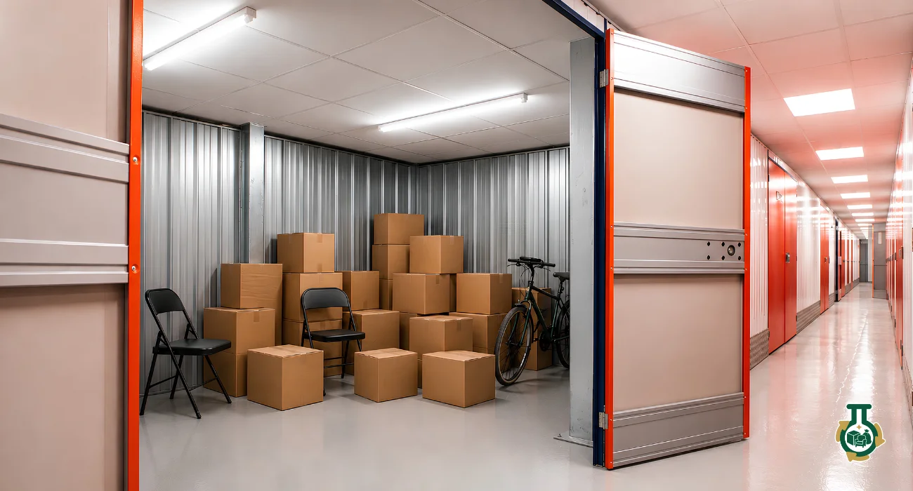 Storage Unit Cleanouts: a storage unit stacked with cardboard boxes and a bicycle
