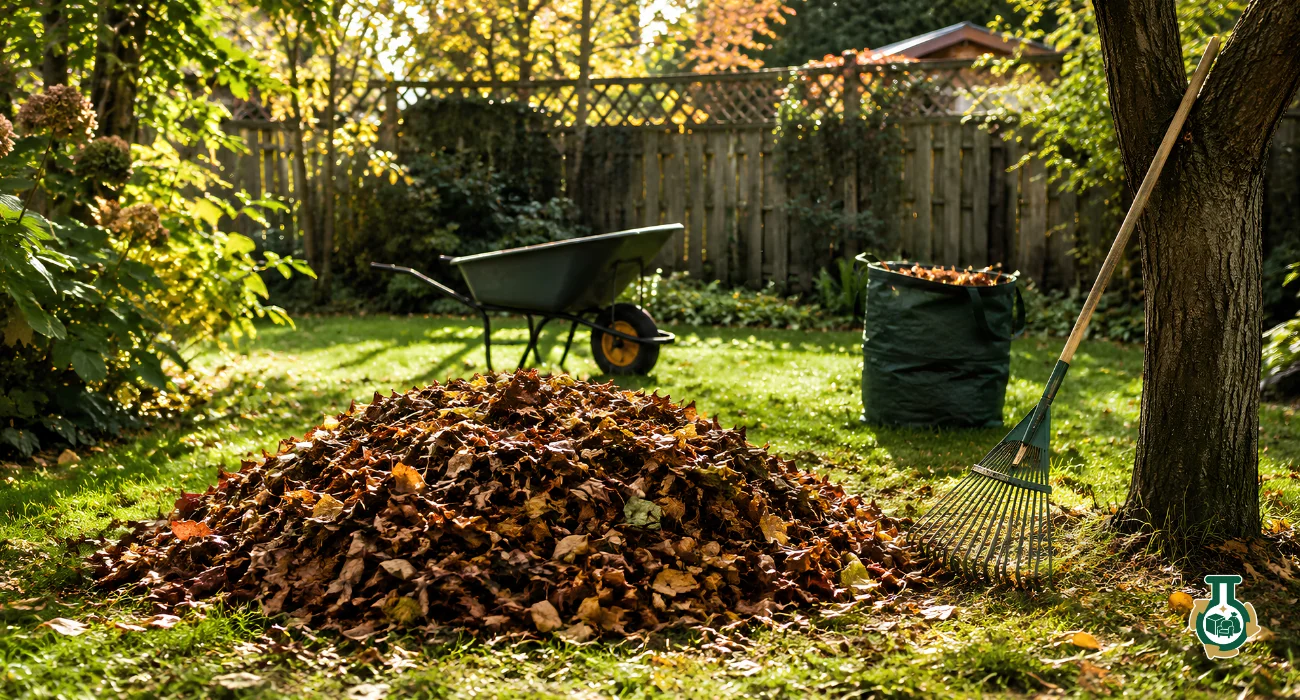 Yard Waste Removal: a pile of leaves and yard waste with a wheelbarrow and rake